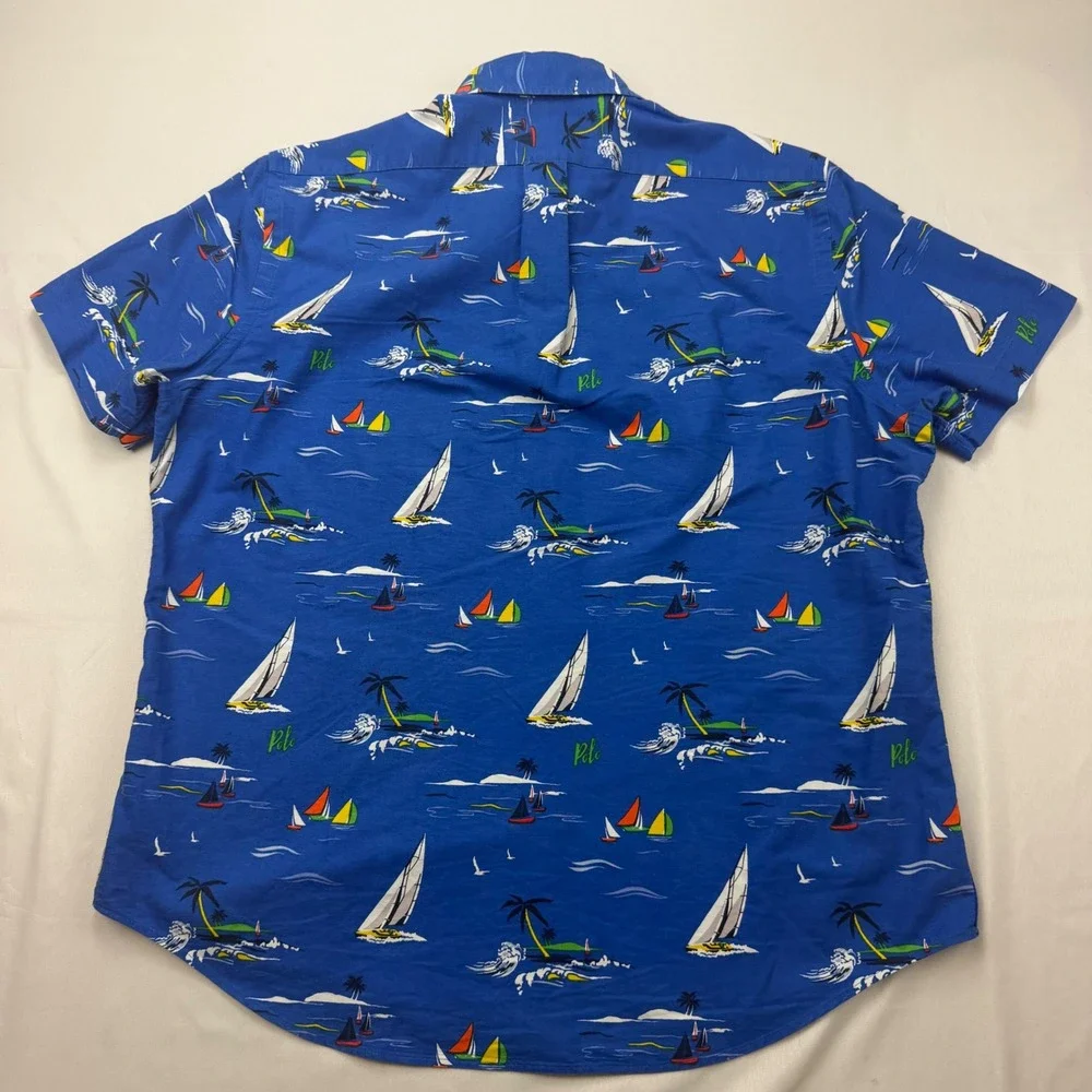 Polo‎ Ralph Lauren Button Down Shirt Mens LG Blue Nautical Sailboat Classic Fit